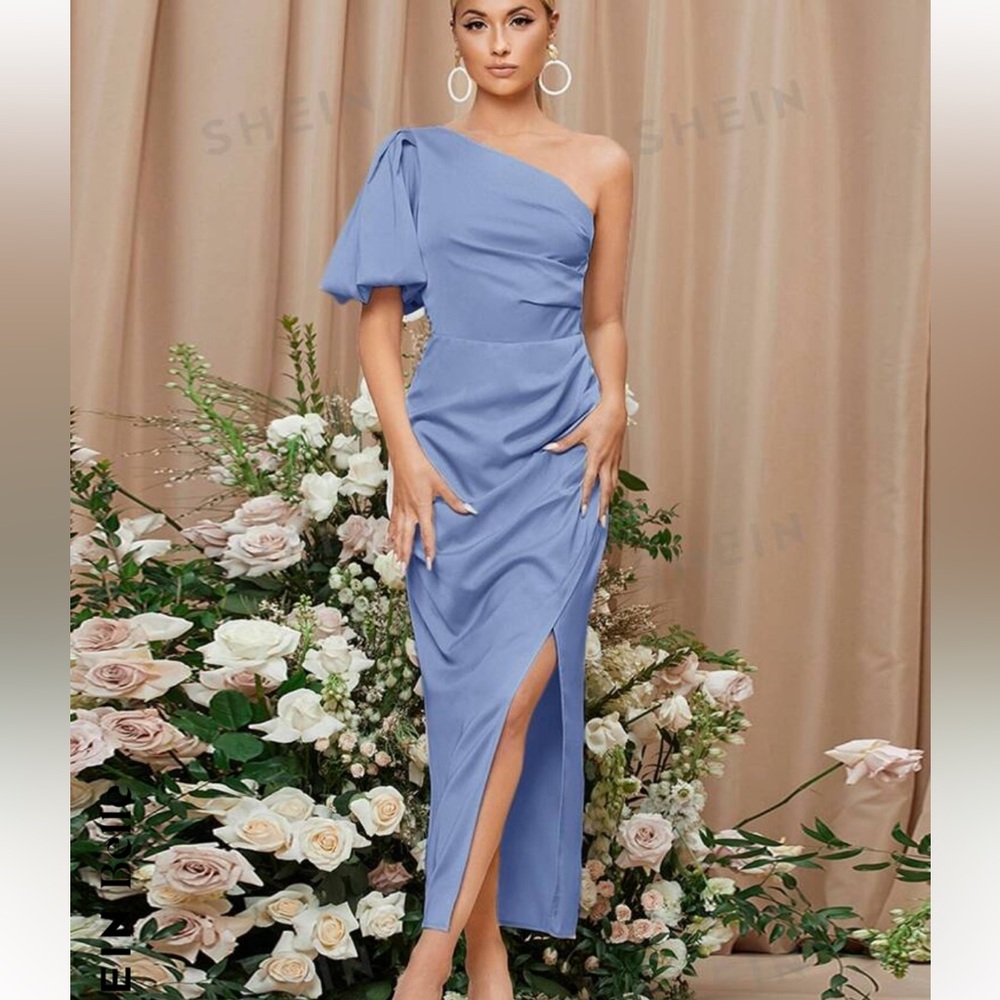 One shoulder, lantern sleeve dress.